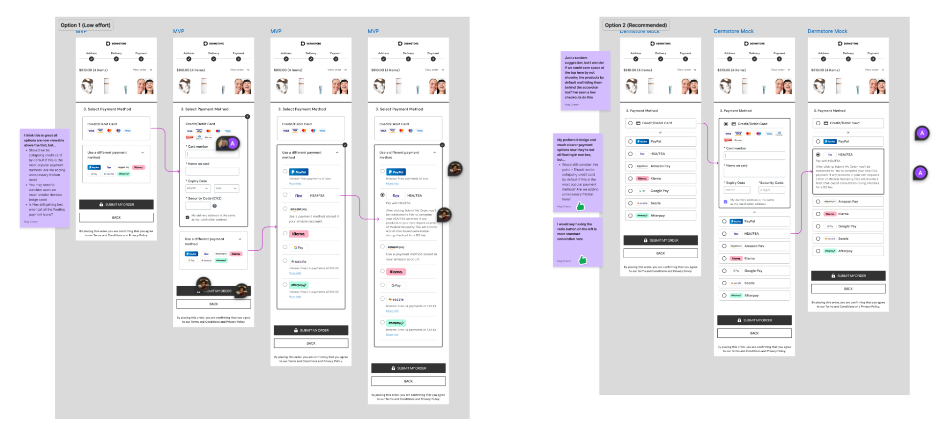 Didn't just design in a vacuum—took both directions to the team for feedback. The purple stickies? Real critiques that made the designs stronger before we tested with users.