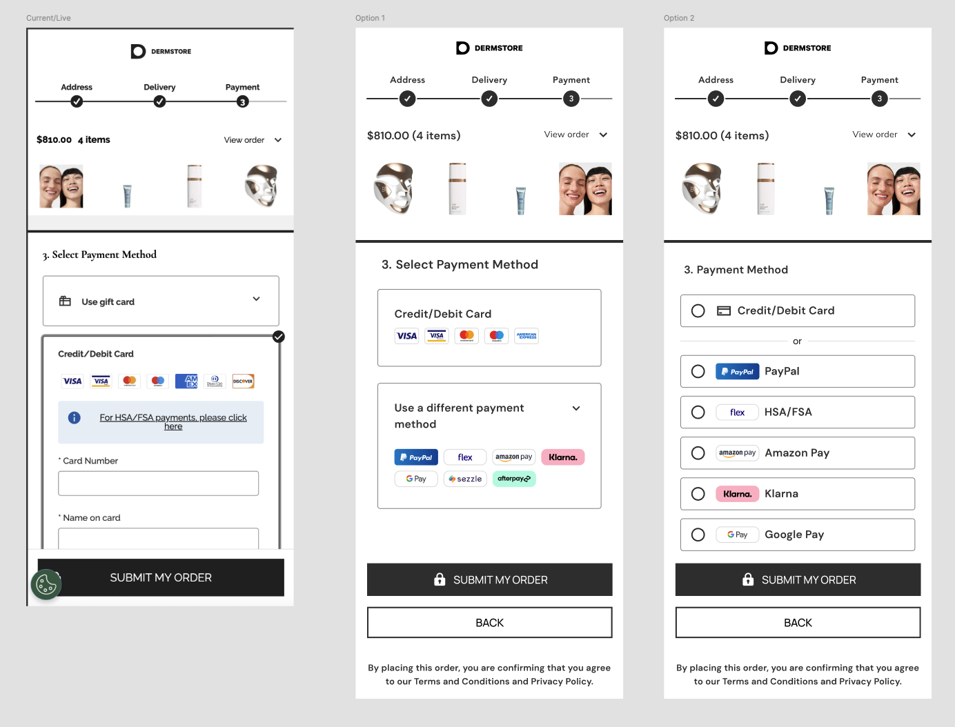The problem (left): HSA/FSA buried below credit card fields. The MVP (center): collapse credit card by default. The winner (right): progressive disclosure—choose your method first, then see relevant fields.